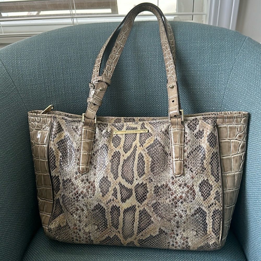 Brahmin Medium Asher Satchel Natural Leighton Handbag Purse Snakeskin Taupe